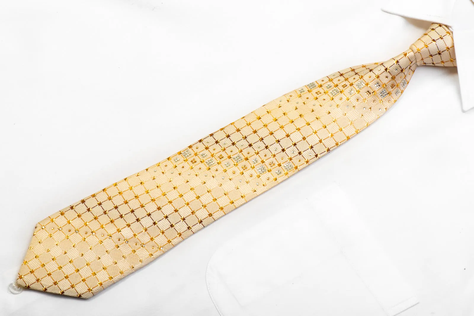 Crystal Rhinestone Necktie Golden Trellis On Cream With Gold Sparkles